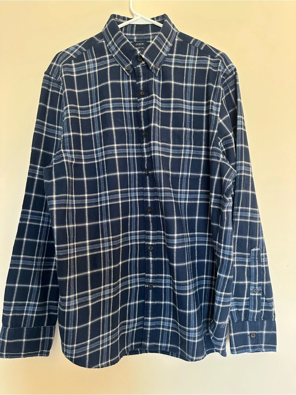 J. Crew Brushed Twill Navy and Cream Plaid Long-Sleeve Button-Down Shirt man L